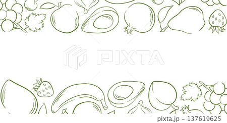 Fruit border with banana, avocado, grapes, strawberry, peach and pear in line art style. Illustration on white background for food package, menu, card, flyer and healthy design. Fruit border with banana, avocado, grapes, strawberry, peach and pear in line art style. Illustration on white background for food package, menu, card, flyer and healthy design. 137619625