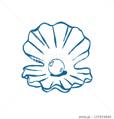 Pearl in oyster shell, vector illustration in doodle style. Round seashell in blue color. Open shell 137619889