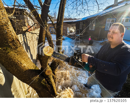 Adult man working outdoors using a power saw to trim tree limbs, creating sawdust and wood chips falling onto the snow-covered ground in a rural residential area. 137620105