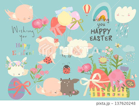 Cartoon Easter Set With Little Cartoon Angels, Ester Eggs and Flowers Cartoon Easter Set With Little Cartoon Angels, Ester Eggs and Flowers 137620248