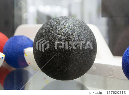 Ball for myofascial release self-massage of muscles of back, neck, legs, feet. Model of dense and lightweight EPP, expanded polypropylene material, universal foam. New modern industrial technologies. Ball for myofascial release self-massage of muscles of back, neck, legs, feet. Model of dense and lightweight EPP, expanded polypropylene material, universal foam. New modern industrial technologies. 137620318
