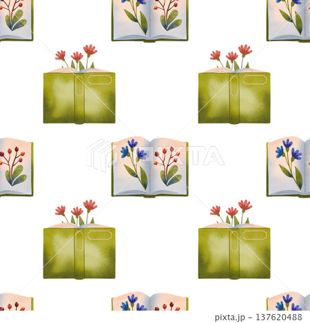 Seamless pattern with open books decorated with flowers, hand drawn in watercolor. 137620488