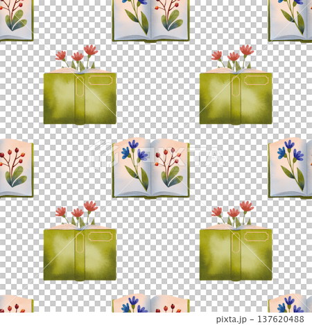 Seamless pattern with open books decorated with flowers, hand drawn in watercolor. 137620488