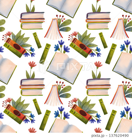 Seamless pattern with open and closed books decorated with flowers and green leaves, hand drawn in watercolor. 137620490
