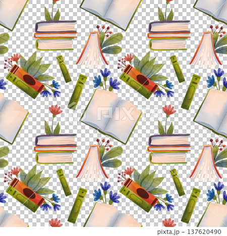 Seamless pattern with open and closed books decorated with flowers and green leaves, hand drawn in watercolor. 137620490