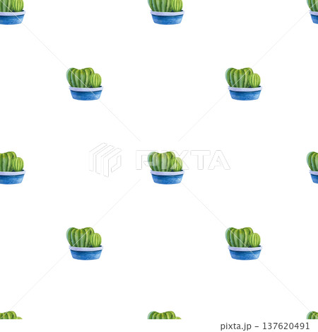 Seamless pattern with cacti. Watercolor illustration of houseplants in decorative pots. Seamless pattern with cacti. Watercolor illustration of houseplants in decorative pots. 137620491