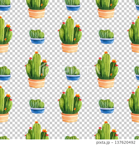 Seamless pattern with cacti in decorative pots. Watercolor illustration of houseplants for home and garden, decor, and fabric. Seamless pattern with cacti in decorative pots. Watercolor illustration of houseplants for home and garden, decor, and fabric. 137620492