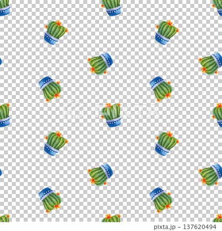 Seamless pattern with cacti. Watercolor illustration of houseplants in decorative blue pots. Seamless pattern with cacti. Watercolor illustration of houseplants in decorative blue pots. 137620494