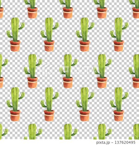 Seamless pattern with cacti in decorative brown pots. Hand drawn watercolor illustration of plants for home and garden, decor, and fabric. Seamless pattern with cacti in decorative brown pots. Hand drawn watercolor illustration of plants for home and garden, decor, and fabric. 137620495