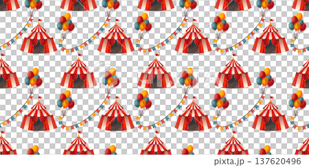 Seamless pattern with circus props. Children's illustration with balloons and festive garlands, hand drawn in watercolor. 137620496