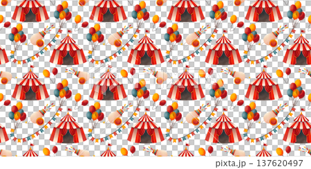 Seamless pattern with circus props. Children's illustration featuring balloons, festive garlands, and a tent, hand drawn in watercolor. Seamless pattern with circus props. Children's illustration featuring balloons, festive garlands, and a tent, hand drawn in watercolor. 137620497