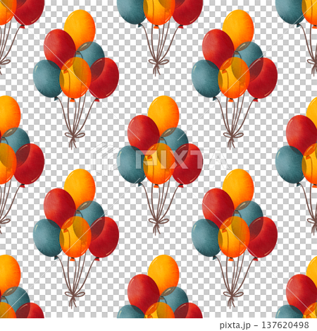 Seamless pattern with circus props. Children's illustration of festive balloons, hand drawn in watercolor. Seamless pattern with circus props. Children's illustration of festive balloons, hand drawn in watercolor. 137620498