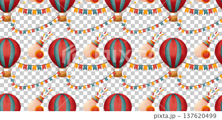Seamless pattern with circus props. Children's holiday illustration with balloons, garlands, and confetti, hand drawn in watercolor. Seamless pattern with circus props. Children's holiday illustration with balloons, garlands, and confetti, hand drawn in watercolor. 137620499