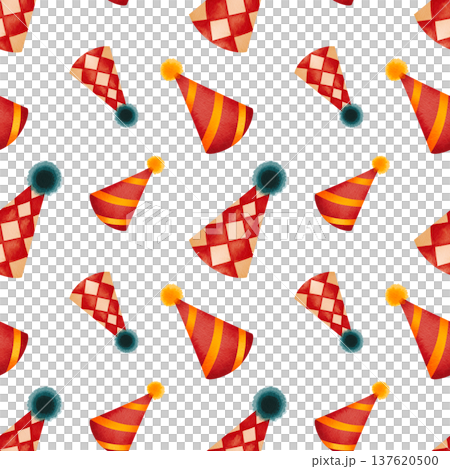 Seamless pattern featuring circus props. Children's illustration featuring colorful clown hats, hand drawn in watercolor. Seamless pattern featuring circus props. Children's illustration featuring colorful clown hats, hand drawn in watercolor. 137620500