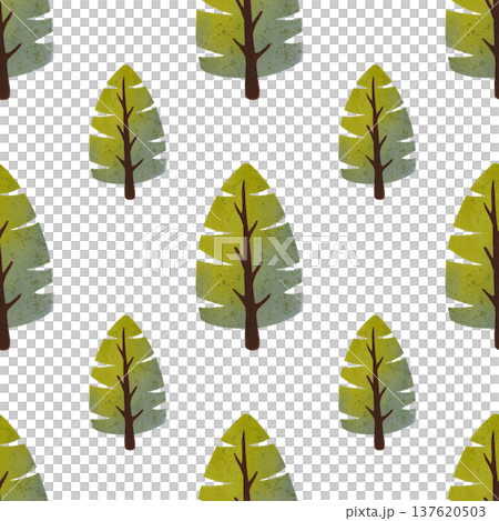 Seamless pattern with green spruce trees. Hand drawn watercolor illustration of evergreens. 137620503