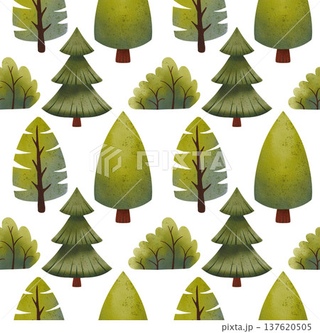 Seamless pattern with green trees and bushes. Hand drawn watercolor illustration of plants and evergreen trees. Seamless pattern with green trees and bushes. Hand drawn watercolor illustration of plants and evergreen trees. 137620505
