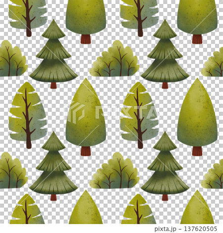 Seamless pattern with green trees and bushes. Hand drawn watercolor illustration of plants and evergreen trees. Seamless pattern with green trees and bushes. Hand drawn watercolor illustration of plants and evergreen trees. 137620505