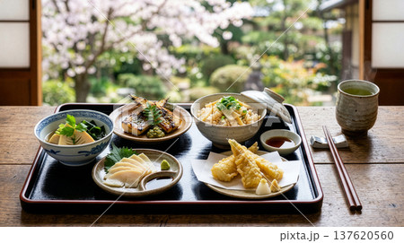 たけのこ料理（たけのこ御飯、若竹煮、素焼き、たけのこの刺身、たけのこの天ぷら） 137620560
