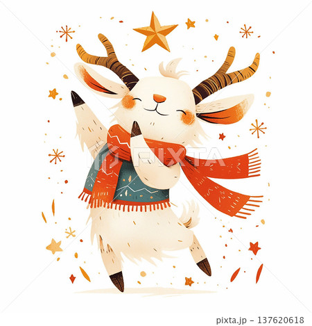 Excited goat wearing a scarf celebrating the winter season with stars and snowflakes in a joyful atmosphere 137620618