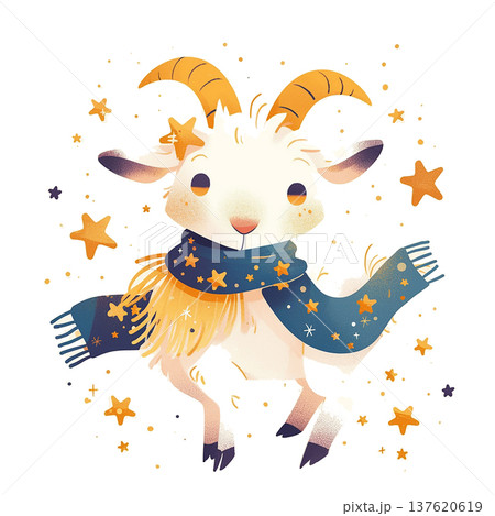 Cute goat wearing a scarf jumps among stars and sparkles during a winter season celebration in a colorful design Cute goat wearing a scarf jumps among stars and sparkles during a winter season celebration in a colorful design 137620619