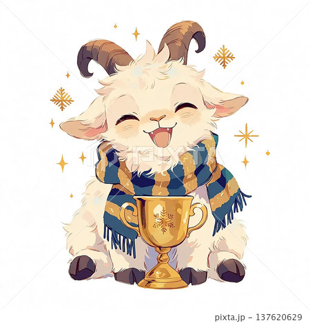 Happy goat with a trophy celebrating success in a colorful scarf during winter holidays with sparkles around 137620629