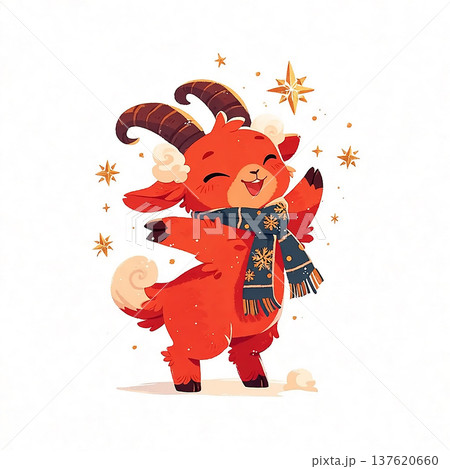 Cute goat wearing a scarf celebrates during winter with stars and snowflakes around it in a cheerful scene 137620660
