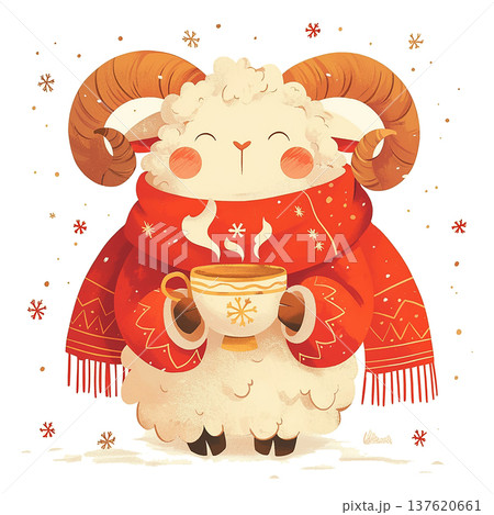 Cute cartoon sheep with a red scarf holds a warm drink in winter setting with snowflakes falling in the air 137620661