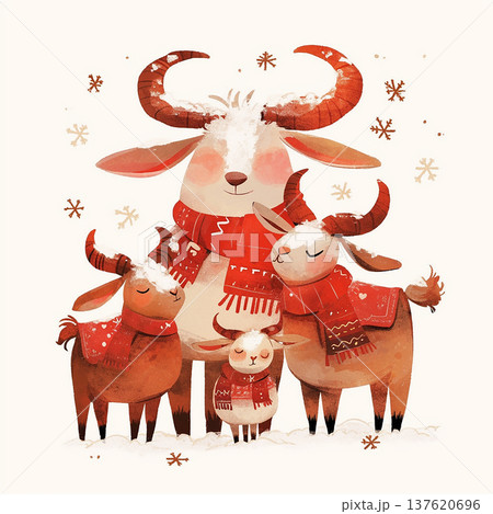 Cute goats wearing red scarves in snow during winter season with snowflakes falling from the sky Cute goats wearing red scarves in snow during winter season with snowflakes falling from the sky 137620696