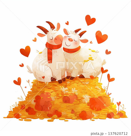 Goats sitting together on a pile of coins surrounded by hearts in a colorful scene 137620712