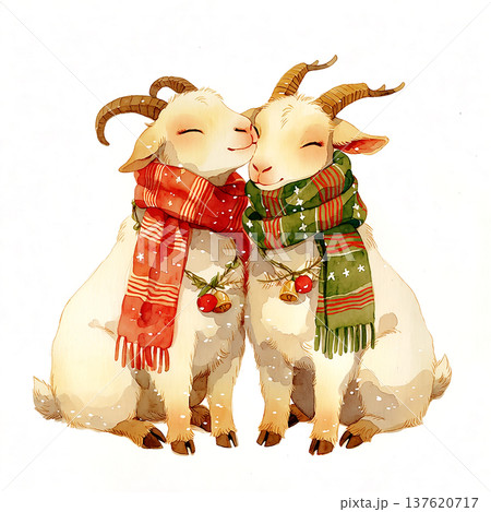 Two goats wearing scarves share a warm moment together in a cozy setting during winter Two goats wearing scarves share a warm moment together in a cozy setting during winter 137620717