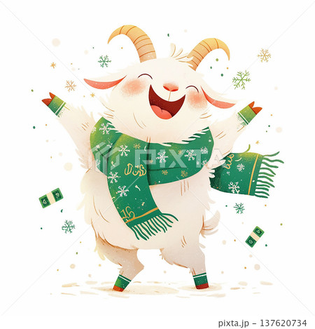 Cheerful goat wearing a green scarf enjoys winter with snowflakes and a joyful expression 137620734