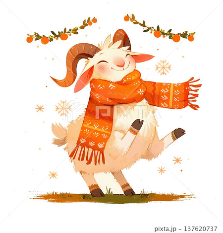 Cute goat wearing a bright orange scarf dances happily among snowflakes and decorations during winter season 137620737