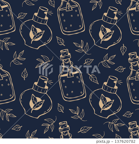 Perfumery and Midnight Apothecary Seamless Pattern. Line Art Organic luxury Cosmetics with Fragrance Perfume Bottles, Essential Oils and Leaves on Dark Blue Background. Outline Vector illustration Perfumery and Midnight Apothecary Seamless Pattern. Line Art Organic luxury Cosmetics with Fragrance Perfume Bottles, Essential Oils and Leaves on Dark Blue Background. Outline Vector illustration 137620782