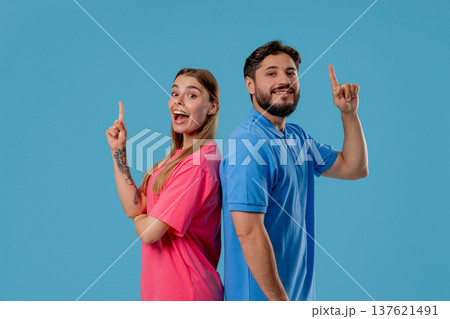 Breakthrough Creative Idea, Couple Woman Man, Eureka Moment, Pointing Fingers Up 137621491