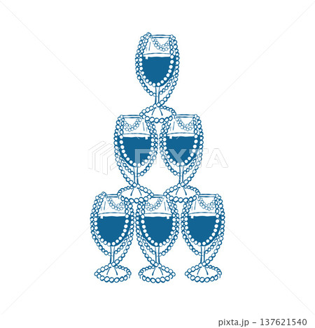 An elegant hand-drawn tower of pearl-studded glasses in a whimsical style. Isolated vector blue outline illustration. Festive alcoholic drinks 137621540