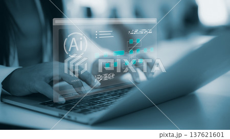 Businessman touching virtual screen with AI Agent icon and complex autonomous workflow diagrams. Concept of artificial intelligence automation, smart robot assistant, and futuristic business process. 137621601