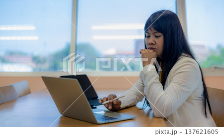 Business decision making and financial analysis at desk. Office work pressure and deadline stress for employees.Mental health at work and professional burnout.Businesswoman working on laptop in office 137621605