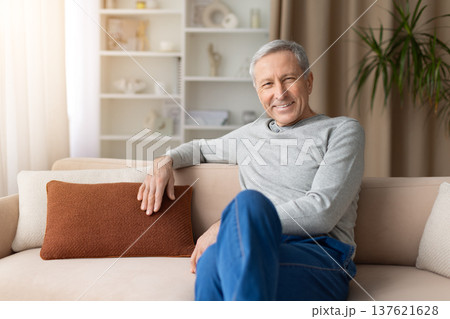 Smiling senior man sitting comfortably on sofa in living room at home Smiling senior man sitting comfortably on sofa in living room at home 137621628