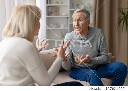 Senior couple arguing during emotional conversation while sitting on couch at home Senior couple arguing during emotional conversation while sitting on couch at home 137621635