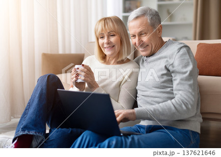 Senior couple relaxing on sofa using laptop and drinking coffee at home Senior couple relaxing on sofa using laptop and drinking coffee at home 137621646
