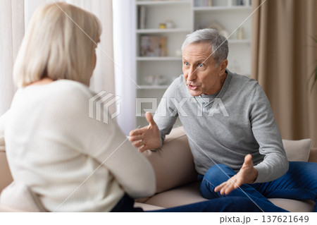 Senior couple having an emotional discussion while sitting on sofa at home 137621649