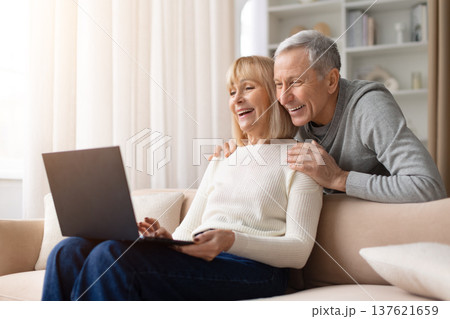 Senior couple sitting together on sofa at home using laptop and smiling 137621659