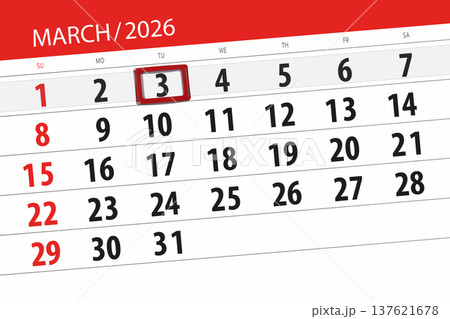 Calendar 2026, deadline, day, month, page, organizer, date, March, tuesday, number 3 137621678