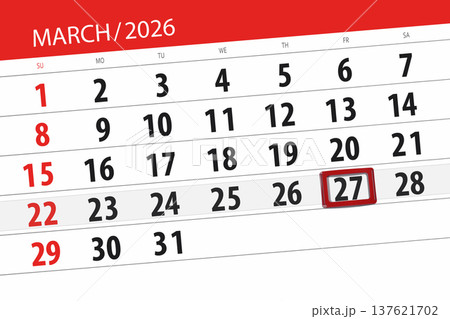 Calendar 2026, deadline, day, month, page, organizer, date, March, friday, number 27 137621702