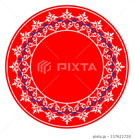 Round red frame with arabesques on white background. Oriental plate with arabesque pattern. Vintage, ethnic vector frame. Pattern frame for round surfac, plate, ceramic, embroidery. EPS Vector Round red frame with arabesques on white background. Oriental plate with arabesque pattern. Vintage, ethnic vector frame. Pattern frame for round surfac, plate, ceramic, embroidery. EPS Vector 137621728