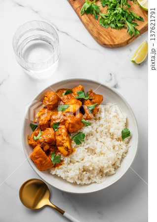 Chicken tikka masala curry with rice on marble background 137621791