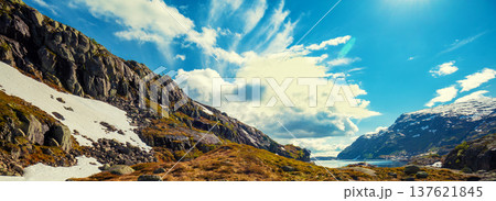 Mountain valley with glacial lakes. Nature park in Sauda municipality. Beautiful nature of Norway Mountain valley with glacial lakes. Nature park in Sauda municipality. Beautiful nature of Norway 137621845