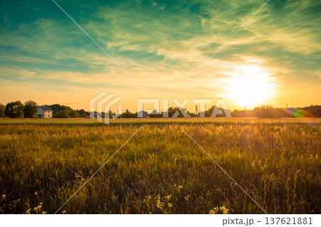 Rural landscape with beautiful gradient evening sky at sunset. Green field and village on the horizon 137621881