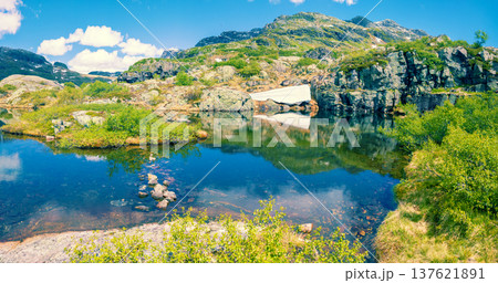 Panoramic view of the mountain lake with reflection of clouds. Beautiful nature of Norway. Horizontal banner 137621891