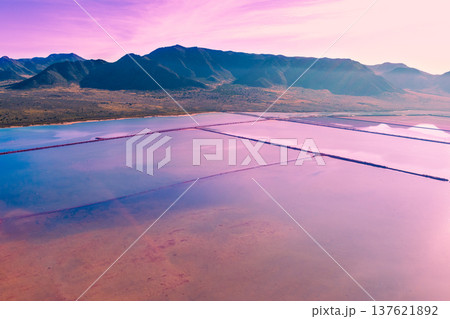 Salt lake in the Cabo de Gata nature reserve at sunset. Salt flats of Cabo de Gata. Drone view. Almeria Spain 137621892